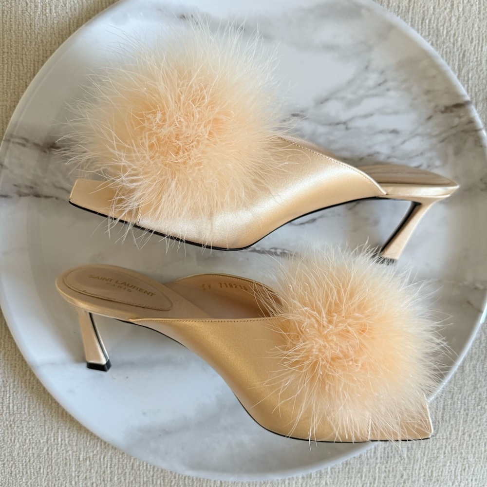 Saint Laurent Blanco 60 Mule Satin Feather Heel Nude Size 39 - Picture 3 of 7